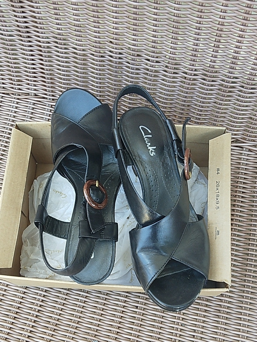 Clarks Black Leather Open-Toe Slingback Sandals with Buckle
